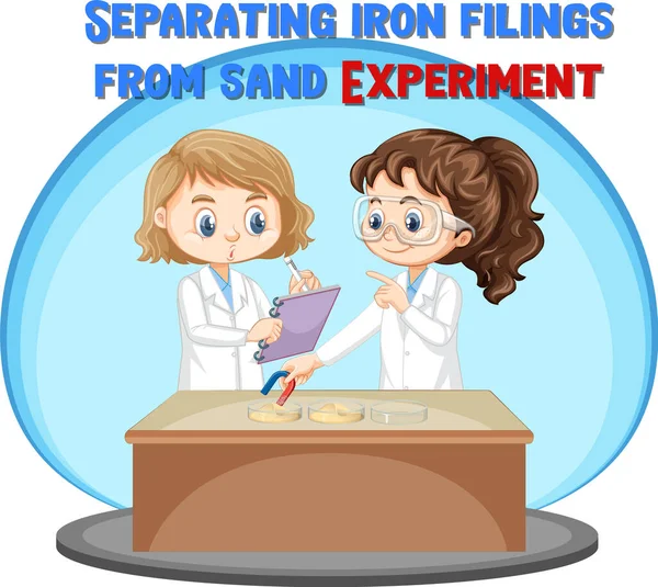 Two Girls Doing Experiment Iron Filings Illustration — Stock Vector