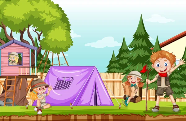 Camping Dans Cour Avec Des Enfants Illustration — Image vectorielle