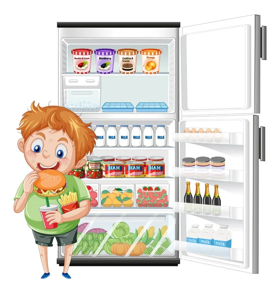 Hungry Boy Enjoy Eating Front Refrigerator Illustration — Stock Vector