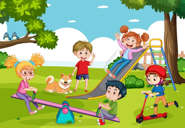 Happy Children Playing Playground Illustration — Stock Vector