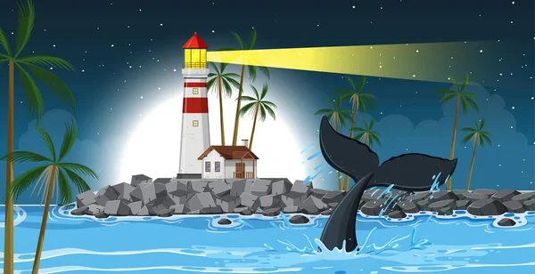 Vuurtoren Zee Kust Nachts Achtergrond Illustratie — Stockvector