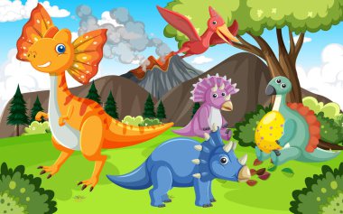Orman illüstrasyonundaki şirin dinozor grubu.