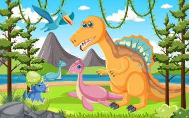 Orman illüstrasyonundaki şirin dinozor grubu.