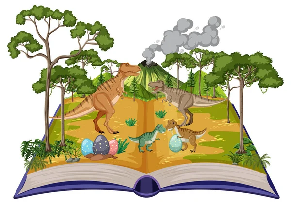 Libro Abierto Con Varios Dinosaurios Ilustración Del Bosque — Vector de stock