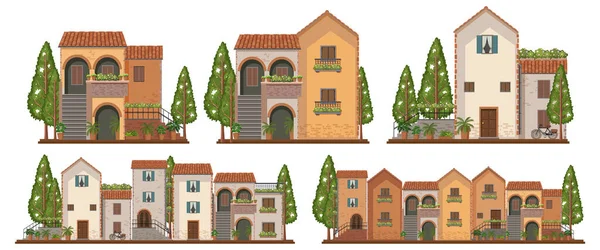 Suburban Row House Ilustración Vintage — Vector de stock