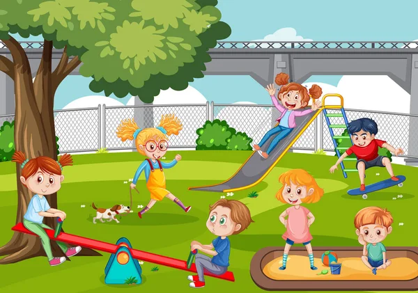 Glückliche Kinder Spielen Auf Spielplatz Illustration — Stockvektor