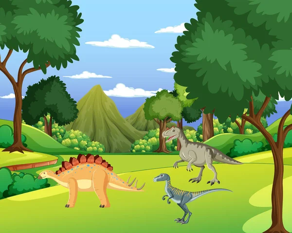 Escena Con Dinosaurios Ilustración Del Bosque — Vector de stock