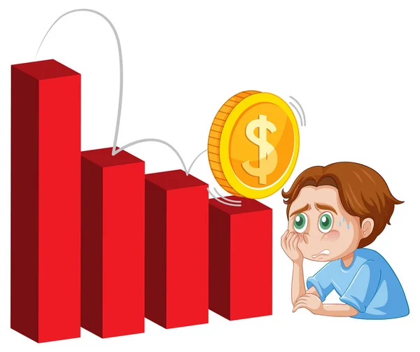 Stressed Man Red Bar Chart Coin Illustration — Stock Vector