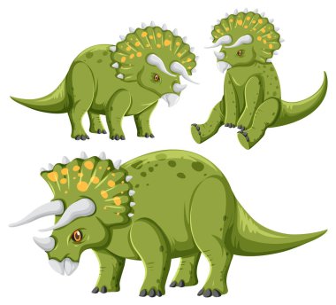 Farklı yeşil Triceratops dinozor koleksiyonu çizimi
