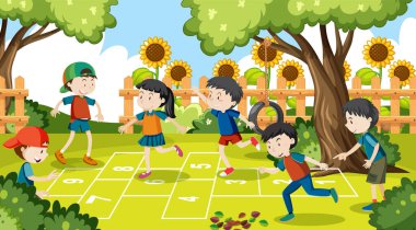 Çocuklar numara illüstrasyonundan sonra tek ayak üstünde zıplıyorlar