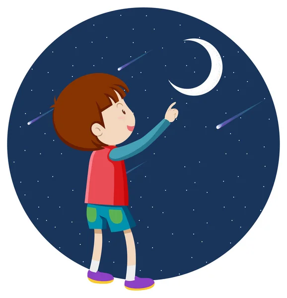 Ragazzo Che Punta Dito Verso Illustrazione Della Luna — Vettoriale Stock