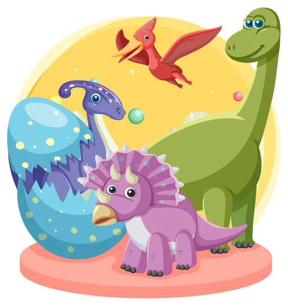 Симпатичная Иллюстрация Мультипликационной Группы Динозавров — стоковый вектор