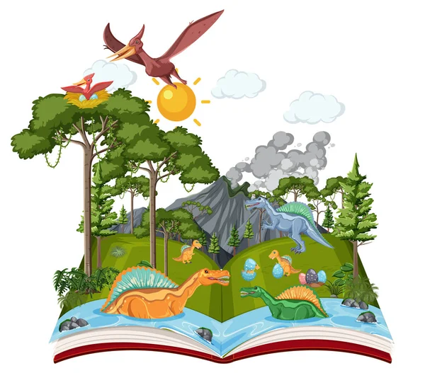 Geöffnetes Buch Mit Verschiedenen Dinosauriern Wald — Stockvektor