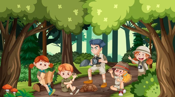 Escursioni Dei Bambini Nella Foresta Illustrazione — Vettoriale Stock