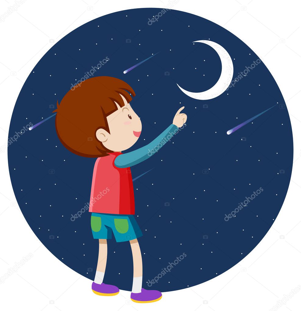 A boy pointing finger to the moon illustration