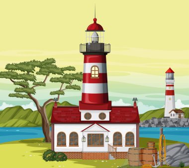 Sahildeki deniz feneri çizimi