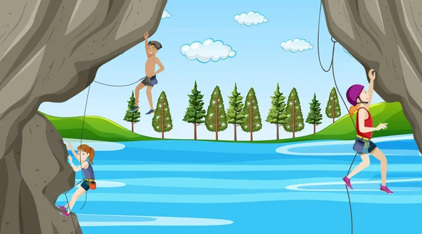 Outdoor scene with rock climber on cliff illustration