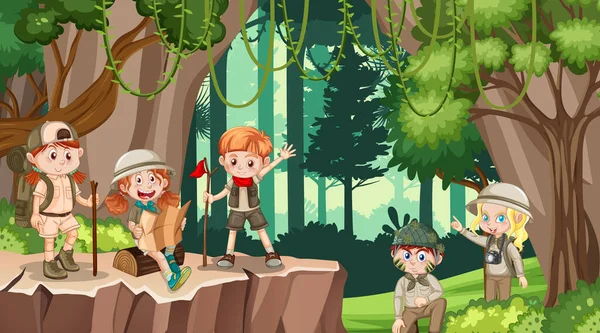 Kinderen Wandelen Het Bos Illustratie — Stockvector