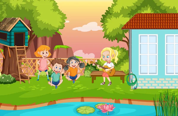 Hinterhof Hintergrund Mit Cartoon Kinder Illustration — Stockvektor