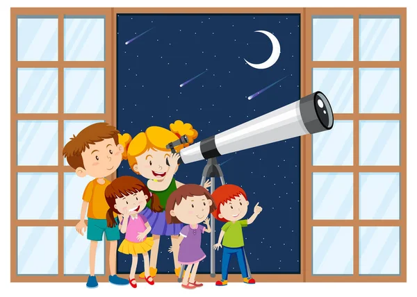 Dzieci Obserwują Nocne Niebo Teleskopem Ilustracji — Wektor stockowy