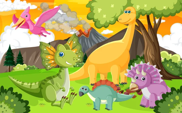 Lindo Grupo Dinosaurios Ilustración Del Bosque — Vector de stock