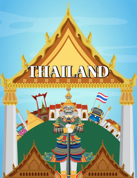 泰国曼谷的地标海报 附有巨大的庙宇图解 — 图库矢量图片