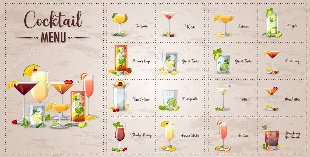 A printed menu of cocktails illustration