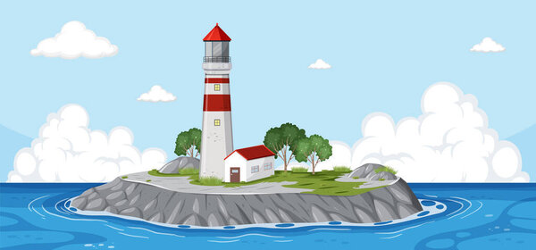 Lighthouse in on the island in the middle of the sea illustration