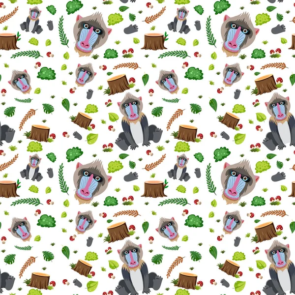 Mandrill Cute Animal Seamless Pattern Illustration — Stock vektor