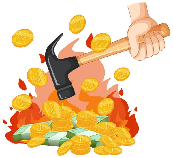 Money Burning Hammer Illustration — Stock Vector