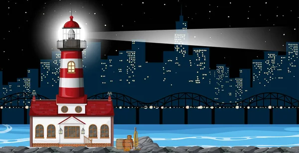 Lighthouse Night Scene Illustration — Stock Vector