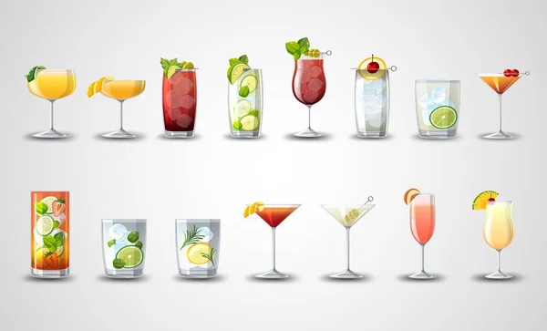 Diversi Cocktail Nei Bicchieri Set Illustrazione Cartone Animato — Vettoriale Stock