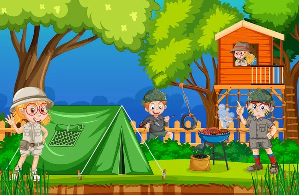 Patio Trasero Camping Con Ilustración Niños — Vector de stock