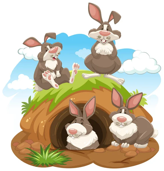 Grupo Conejos Con Ilustración Madriguera Animal — Vector de stock