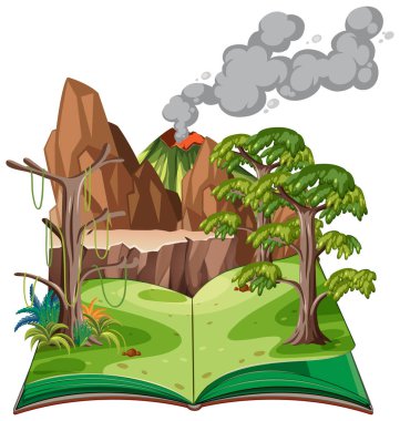 Tarih öncesi orman illüstrasyonuyla açılan kitap