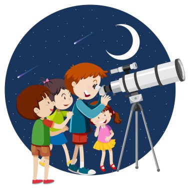 Mutlu çocuklar gece gökyüzünü teleskopla izlerler.