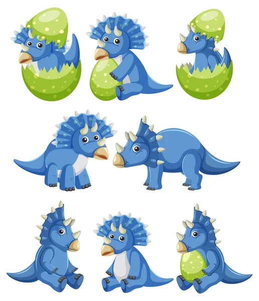 Różne Niebieskie Triceratops Kolekcja Dinozaurów Ilustracja — Wektor stockowy