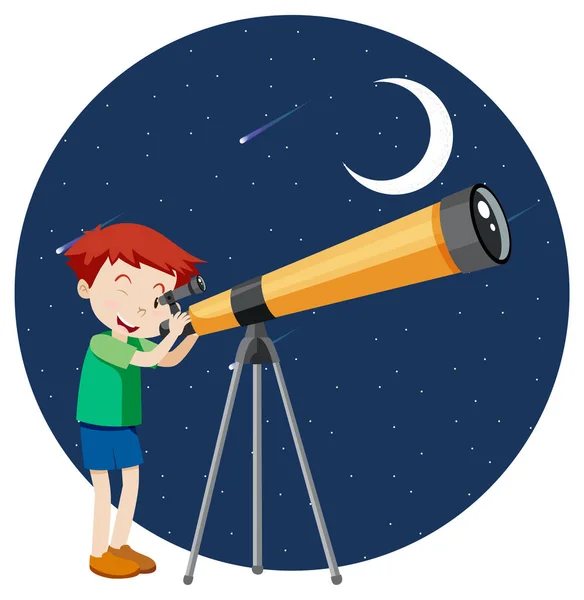 一个男孩透过望远镜看夜间插图 — 图库矢量图片