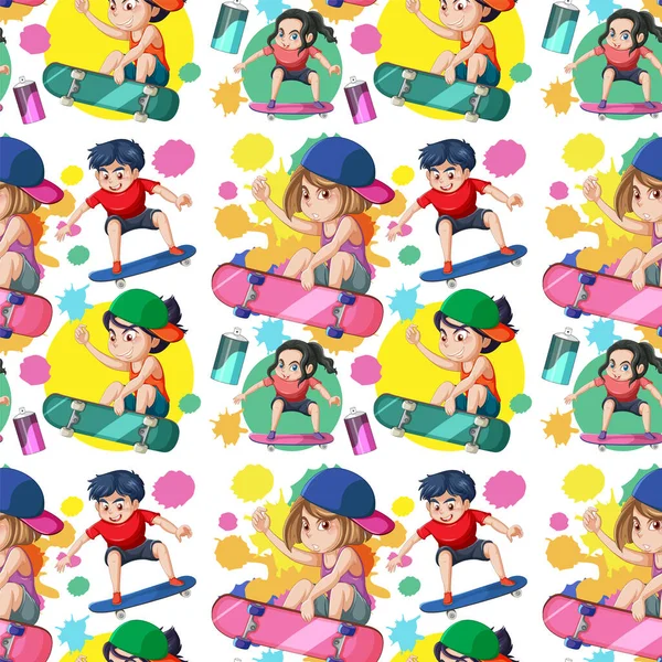 Children on skateboard seamless pattern illustration