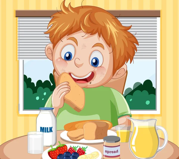Ένα Αγόρι Τρώει Πρωινό Στο Τραπέζι Εικονογράφηση — Διανυσματικό Αρχείο