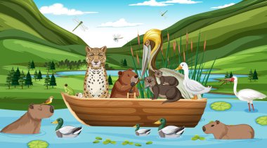 Orman illüstrasyonunda çeşitli hayvanlar