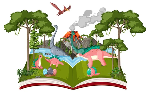 Открытая Книга Различными Динозаврами Лесной Иллюстрации — стоковый вектор