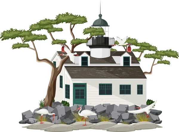 Bâtiment Phare Avec Illustration Ibis Blanc Américain — Image vectorielle