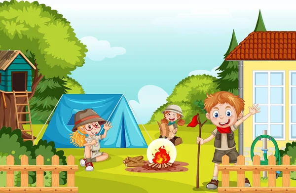子供と裏庭のキャンプイラスト — ストックベクタ