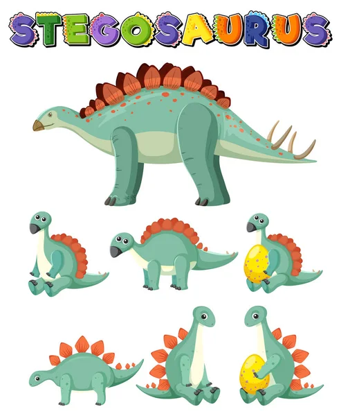 Zestaw Cute Stegosaurus Dinozaurów Postaci Kreskówek Ilustracja — Wektor stockowy