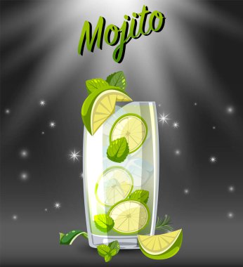 Parlak arkaplan çizimi üzerine bardakta mojito kokteyli.