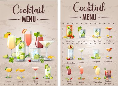 A printed menu of cocktails illustration clipart