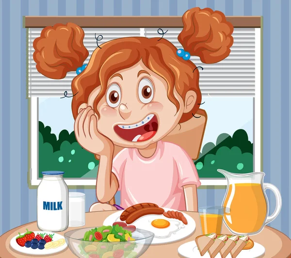 Happy Girl Eating Breakfast Table Illustration — Stock Vector