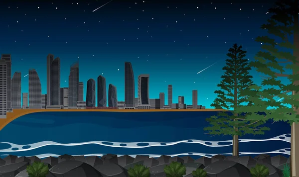 Παραλία Της Πόλης Κατά Διάρκεια Της Νύχτας Εικονογράφηση — Διανυσματικό Αρχείο