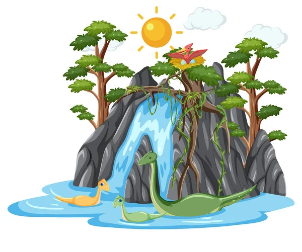 Dinosaur in waterfall forest isolated illustration